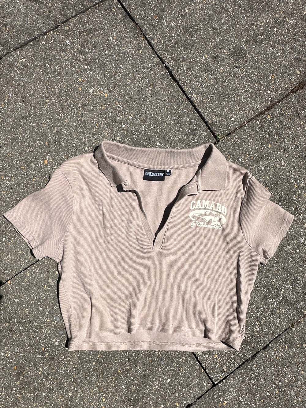 Chemistry Tan Ribbed Cropped Polo Shirt - "Camaro" Graphic - Size M